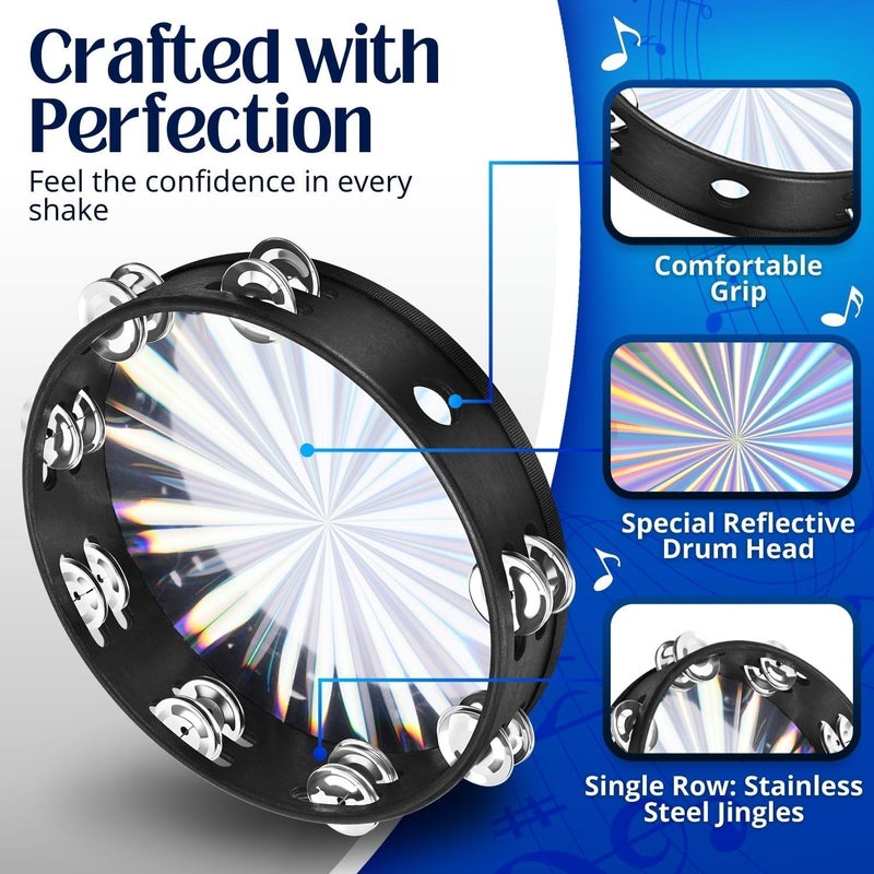 Flexzion Wood Church Tambourine Instrument - 6 Inch Reflective Hand Drums Tambourine for Kids and Adults, Single Row Metal Tambourine for Church, Parties, & Musical Events - Image 5