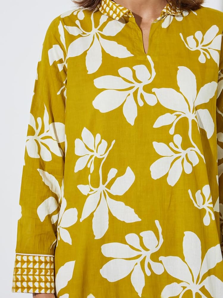 Styli Amirah Yellow All Over Floral Print Shirt Collar Maxi Jalabiya - Image 4