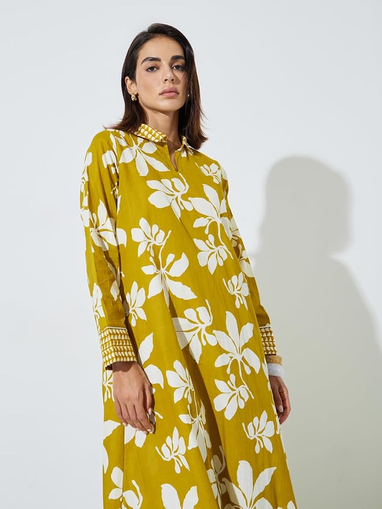 Styli Amirah Yellow All Over Floral Print Shirt Collar Maxi Jalabiya - Image 2