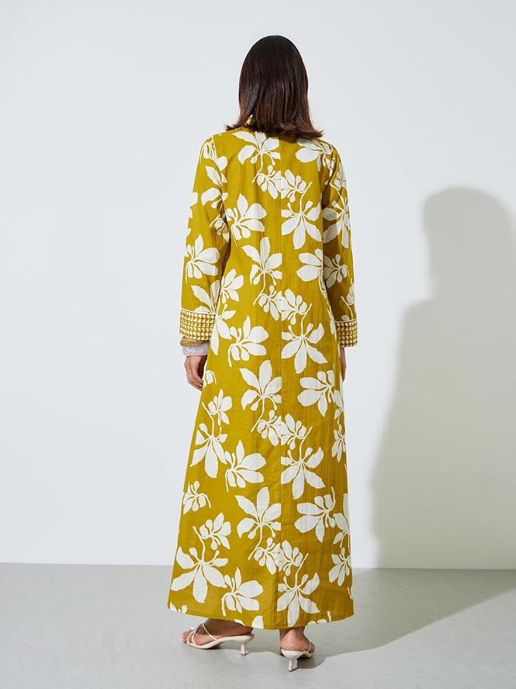 Styli Amirah Yellow All Over Floral Print Shirt Collar Maxi Jalabiya - Image 5