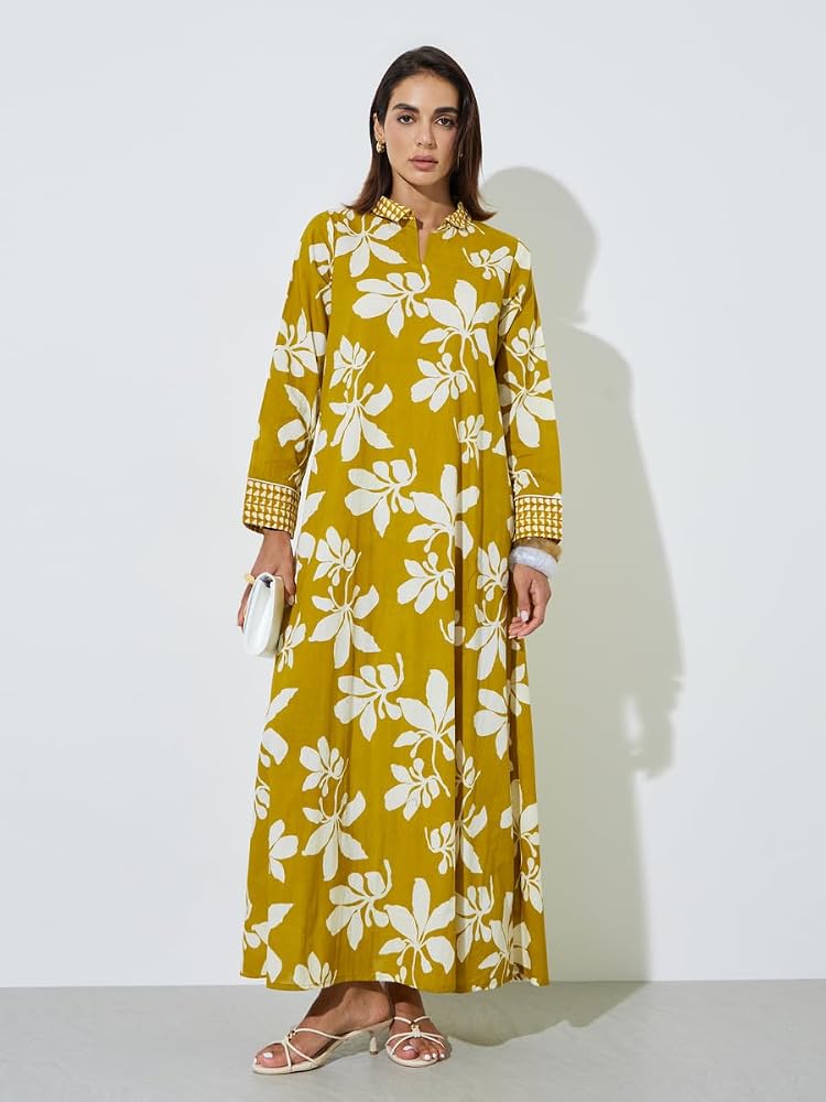 Styli Amirah Yellow All Over Floral Print Shirt Collar Maxi Jalabiya - Image 3