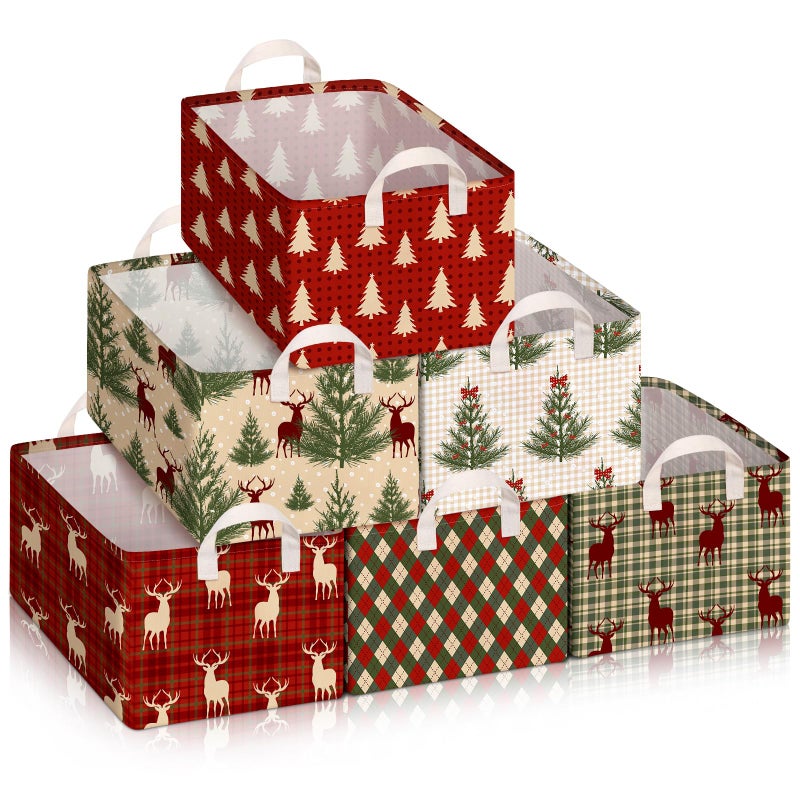 Boao 6 Pack Christmas Storage Baskets for Gifts Empty Collapsible Large Christmas Storage Gift Bins Canvas Laundry Containers Foldable Box with Handle for Office Home Bedroom Clothes - Image 2