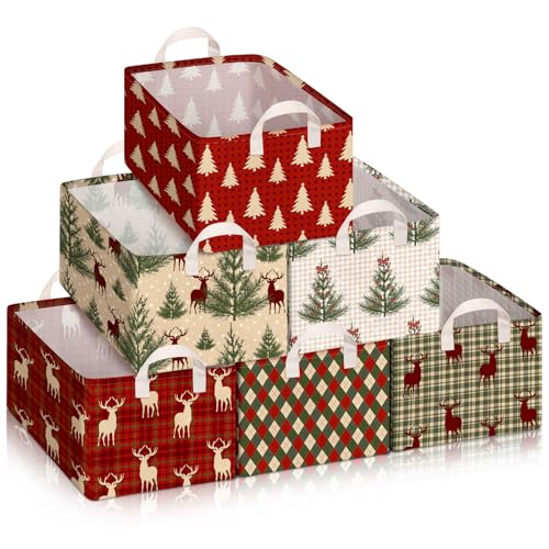 Boao 6 Pack Christmas Storage Baskets for Gifts Empty Collapsible Large Christmas Storage Gift Bins Canvas Laundry Containers Foldable Box with Handle for Office Home Bedroom Clothes - Image 1