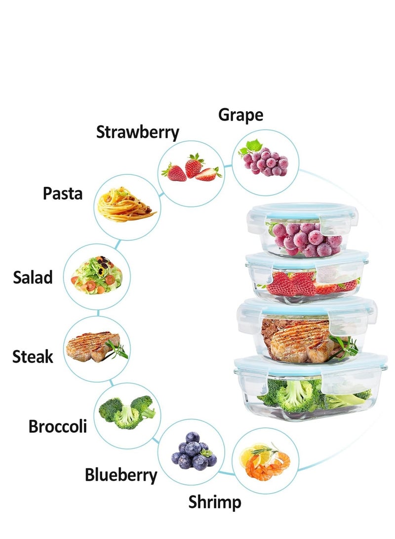 Glass Meal Prep Containers (4 pcs Mixed) - Glass Food Storage Containers with Lids, Glass Lunch Box, Portion Control, Airtight, Glass Bento Box Lunch Containers- 4P