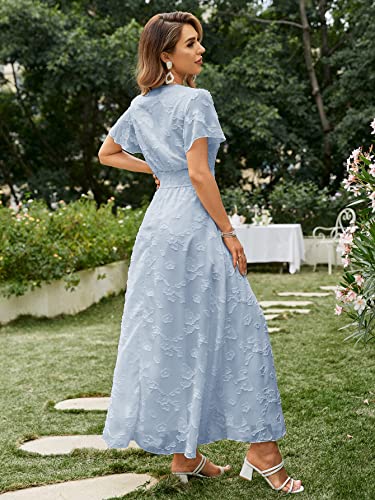 Simplee Apparel Simplee Women's Boho Floral V Neck Short Sleeve Formal Maxi Ruffle Dress Summer Long Flowy Lace Bridesmaid Wedding Party Evening Dress(L 1_Blue) - Image 4