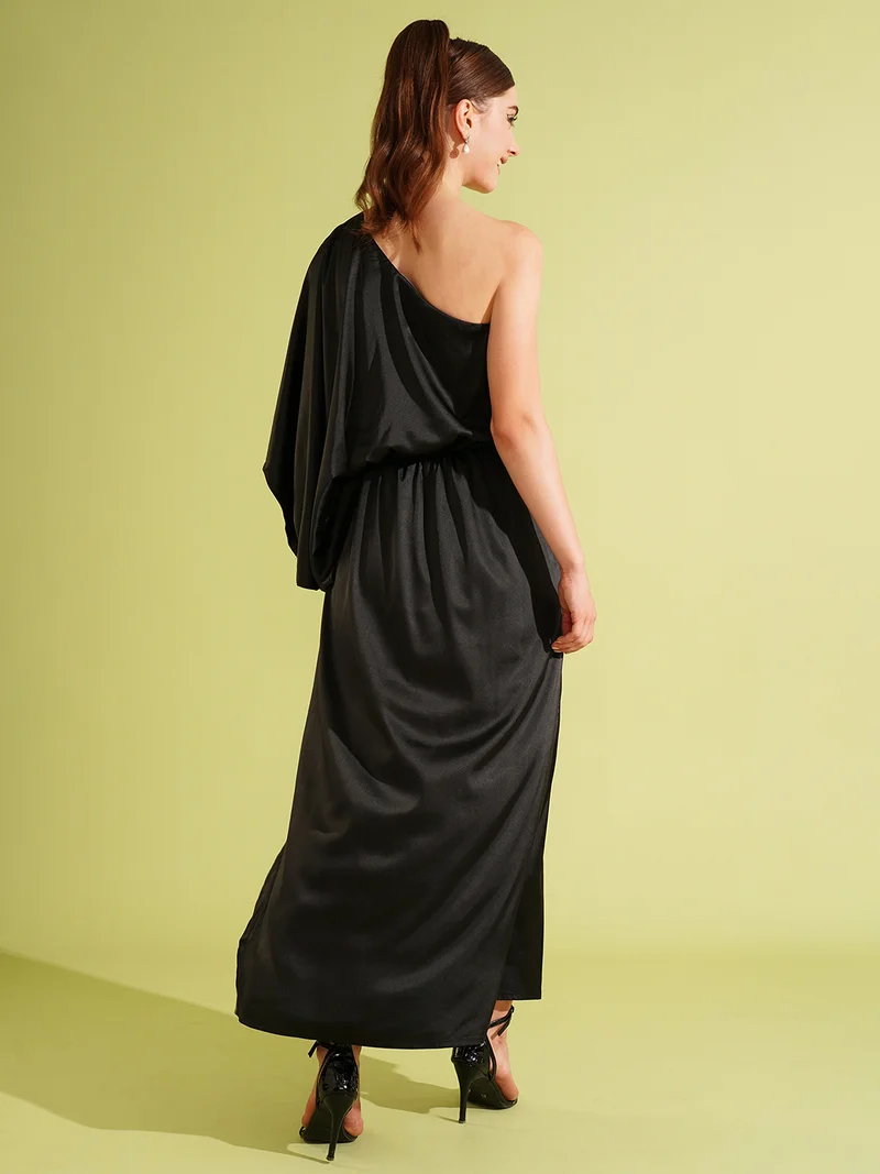 globus Women One Shoulder Kimono Sleeve Satin Maxi Dress