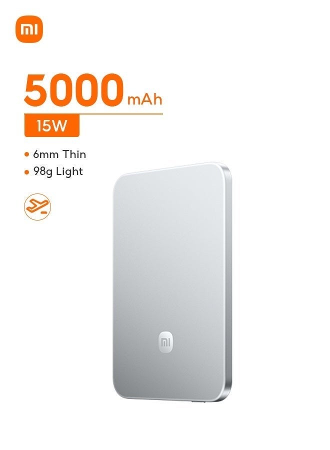Xiaomi UltraThin Magnetic power bank，6mm thin，Ultra-Slim 5000mAh Battery pack，15W Max Ultra-Fast MagSafe-Compatible Portable Charger，metal body，For iPhone 17/16/15/14/13/12，xiaomi 15/14/13/12，samsung S25/S24/S23 Silver - Image 1