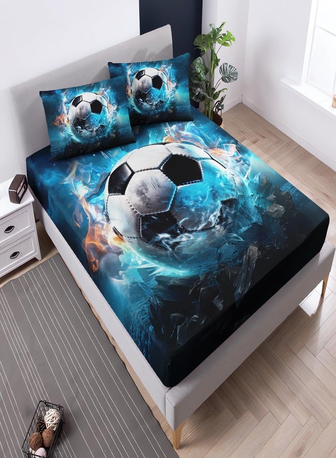 UEVBF Soccer Bedding Fitted Sheet Twin Size,Blue Soccer Flame Printing Bedding Fitted Sheet Set,Sports Themed Room Decor for Kids Teens Boys,1 Fitted Sheet+2 Pillowcases. - Image 3
