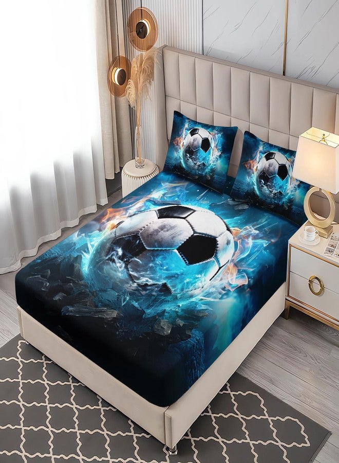 UEVBF Soccer Bedding Fitted Sheet Twin Size,Blue Soccer Flame Printing Bedding Fitted Sheet Set,Sports Themed Room Decor for Kids Teens Boys,1 Fitted Sheet+2 Pillowcases. - Image 2