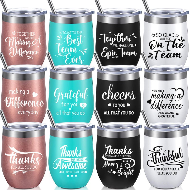 Employee Appreciation Gifts Wine Tumbler Team Gifts for Employee Thank You Gift for Coworker Women Men 12 oz Wine Tumbler Insulated Stainless Steel Tumbler with Lid and Straw Elegant Style 12 Pcs