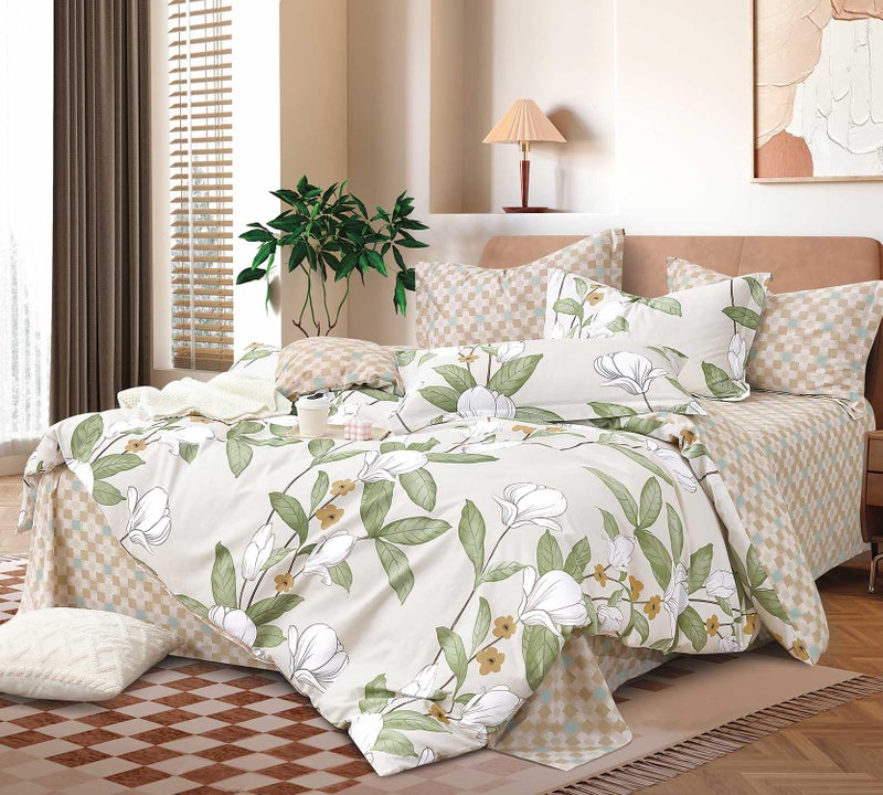 ALEISSEL Pale Moss Green Botanical Cotton Comforter Queen Size  Elegant White Magnolia Floral Front  Retro Taupe Checkerboard Reverse Lightweight 3PC Bedding Sets with Soft Fill 9090