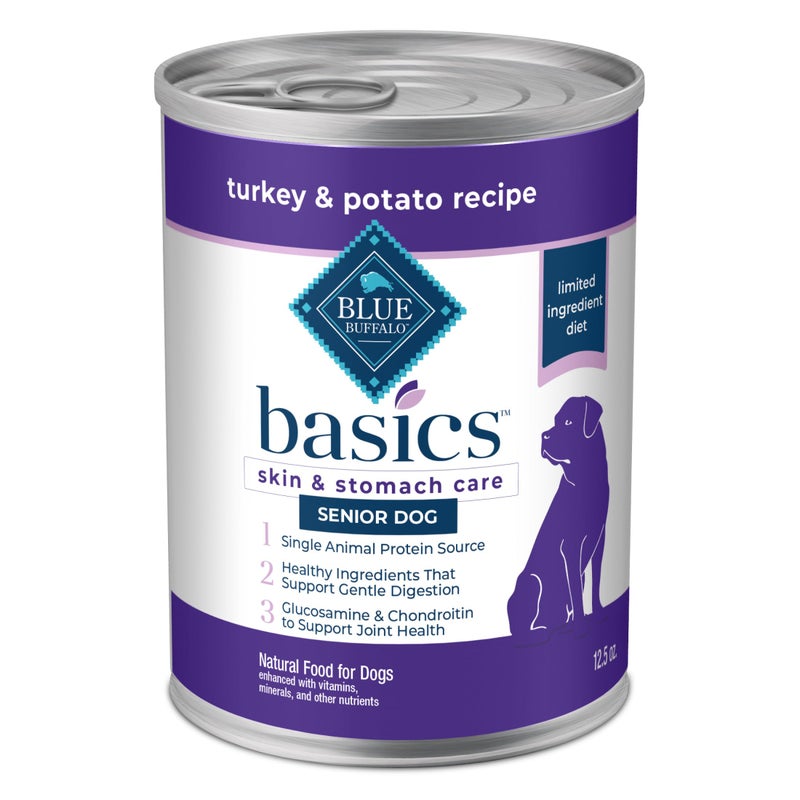 Blue Buffalo Basics Grain-Free Senior Wet Dog Food, Skin & Stomach Care, Limited Ingredient Diet, Turkey Recipe, 12.5-oz. Cans, 12 Count - Image 1