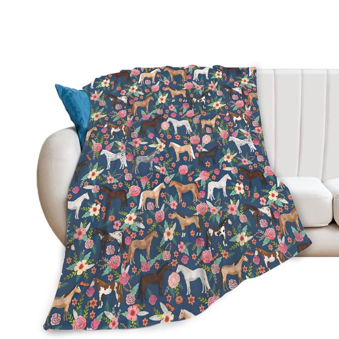 HORSE BLANKET GIFTS FOR GIRLS WOMEN WESTERN HORSES FLOWERS FLEECE FLANNEL THROW BLANKETS SOFT LIGHTWEIGHT HORSE PLUSH ANIMAL BLUE THROWS FOR HORSE LOVERS KIDS ADULTS BED SOFA DECOR 50 X40