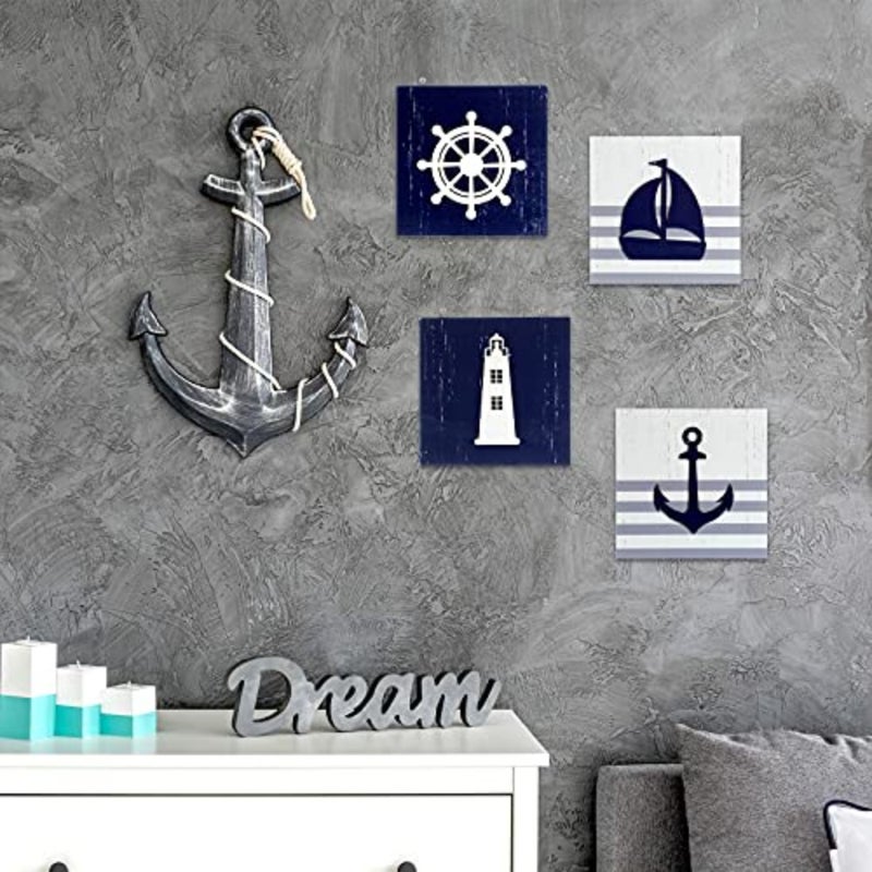 4 Pieces Nautical Wall Decor Anchor Ship Wheel Sailboat Lighthouse Wooden Sign Rustic Beach 3D Wood Print Sign Beach Bathroom Wooden Plaque Decoration Coastal Theme Ocean Art Dark Blue, White - Image 5