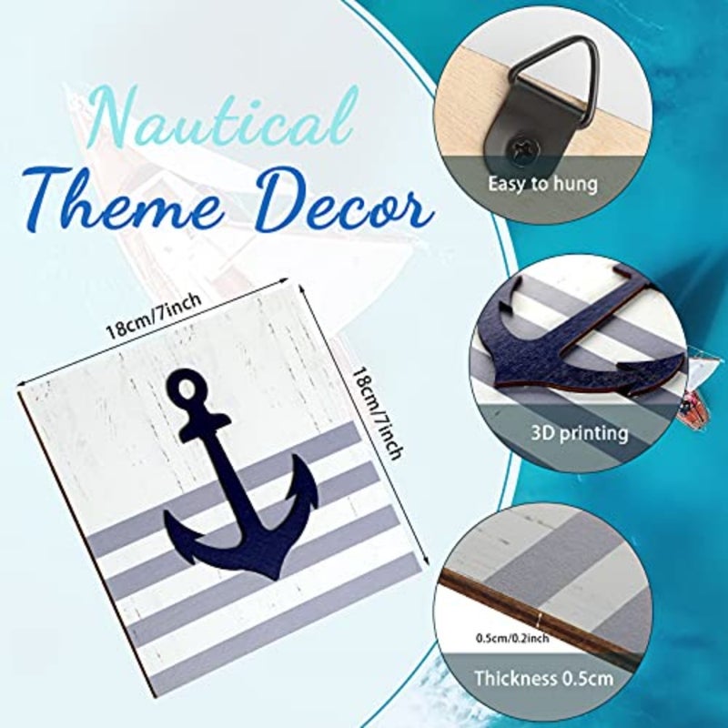 4 Pieces Nautical Wall Decor Anchor Ship Wheel Sailboat Lighthouse Wooden Sign Rustic Beach 3D Wood Print Sign Beach Bathroom Wooden Plaque Decoration Coastal Theme Ocean Art Dark Blue, White - Image 2