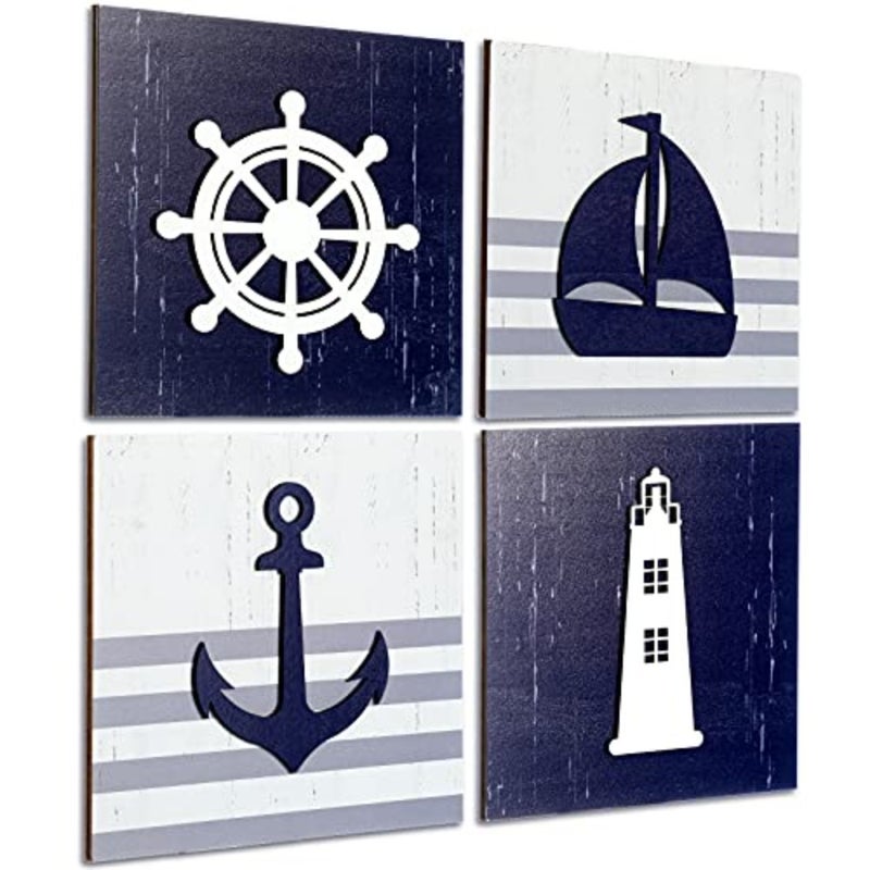 4 Pieces Nautical Wall Decor Anchor Ship Wheel Sailboat Lighthouse Wooden Sign Rustic Beach 3D Wood Print Sign Beach Bathroom Wooden Plaque Decoration Coastal Theme Ocean Art Dark Blue, White - Image 1
