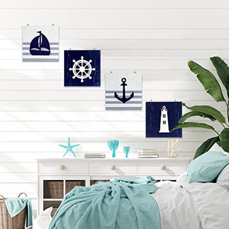 4 Pieces Nautical Wall Decor Anchor Ship Wheel Sailboat Lighthouse Wooden Sign Rustic Beach 3D Wood Print Sign Beach Bathroom Wooden Plaque Decoration Coastal Theme Ocean Art Dark Blue, White - Image 4