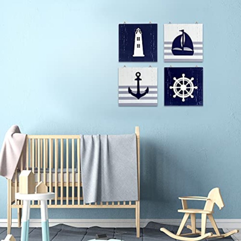4 Pieces Nautical Wall Decor Anchor Ship Wheel Sailboat Lighthouse Wooden Sign Rustic Beach 3D Wood Print Sign Beach Bathroom Wooden Plaque Decoration Coastal Theme Ocean Art Dark Blue, White - Image 3