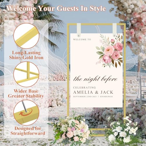 JCMCDO Elegant Wedding Sign Stand Holder, Sturdy Wedding Welcome Sign Holder with 8 Pair Satin Ribbon & 2 Leather Strap for Seating Charts & Event Decor Wedding Seating Chart Stand, Easel for Display (Gold) - Image 4