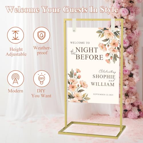 JCMCDO Elegant Wedding Sign Stand Holder, Sturdy Wedding Welcome Sign Holder with 8 Pair Satin Ribbon & 2 Leather Strap for Seating Charts & Event Decor Wedding Seating Chart Stand, Easel for Display (Gold) - Image 3