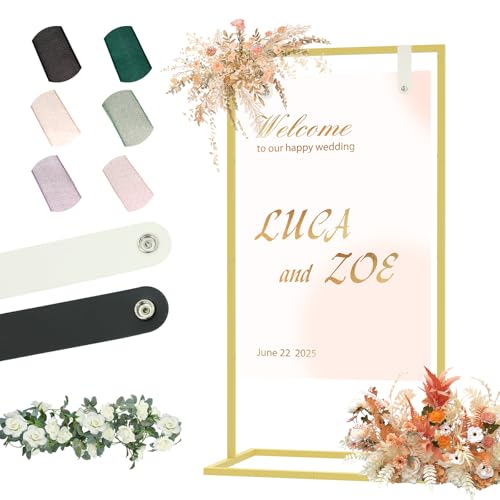 JCMCDO Elegant Wedding Sign Stand Holder, Sturdy Wedding Welcome Sign Holder with 8 Pair Satin Ribbon & 2 Leather Strap for Seating Charts & Event Decor Wedding Seating Chart Stand, Easel for Display (Gold) - Image 1