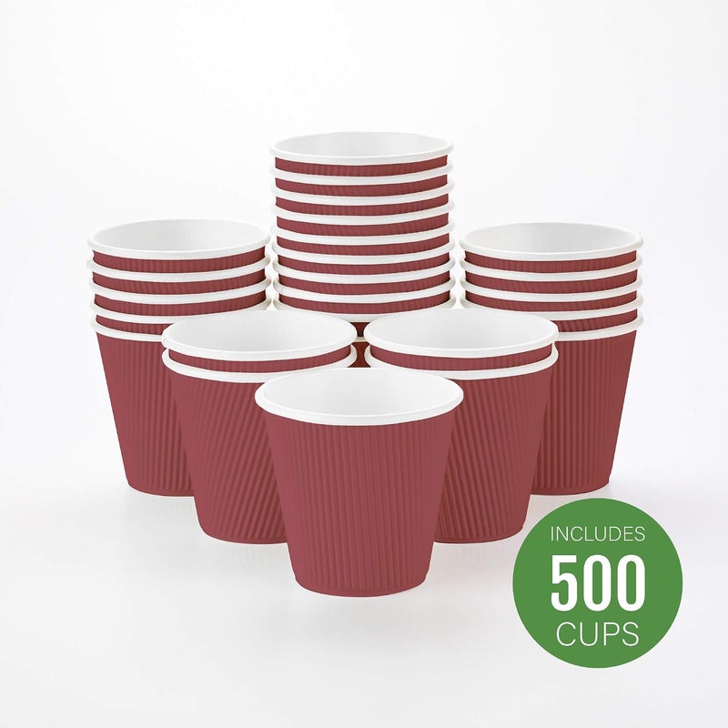Restaurantware Insulated Paper Coffee Cups - Ripple Wall - Crimson - 8 oz - 500ct Box - MATCHING LIDS SOLD SEPARATELY: RWA0360B, RWA0360W, RWA0328LG, RWA0328GR, RWA0328HP, RWA0283W, RWA0283B - Image 2