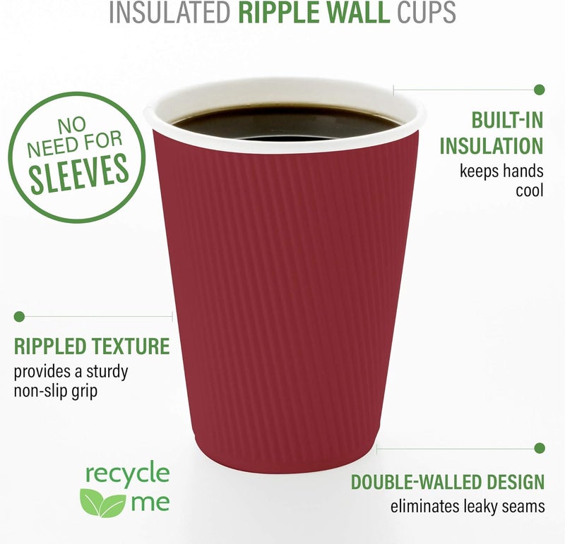 Restaurantware Insulated Paper Coffee Cups - Ripple Wall - Crimson - 8 oz - 500ct Box - MATCHING LIDS SOLD SEPARATELY: RWA0360B, RWA0360W, RWA0328LG, RWA0328GR, RWA0328HP, RWA0283W, RWA0283B - Image 4