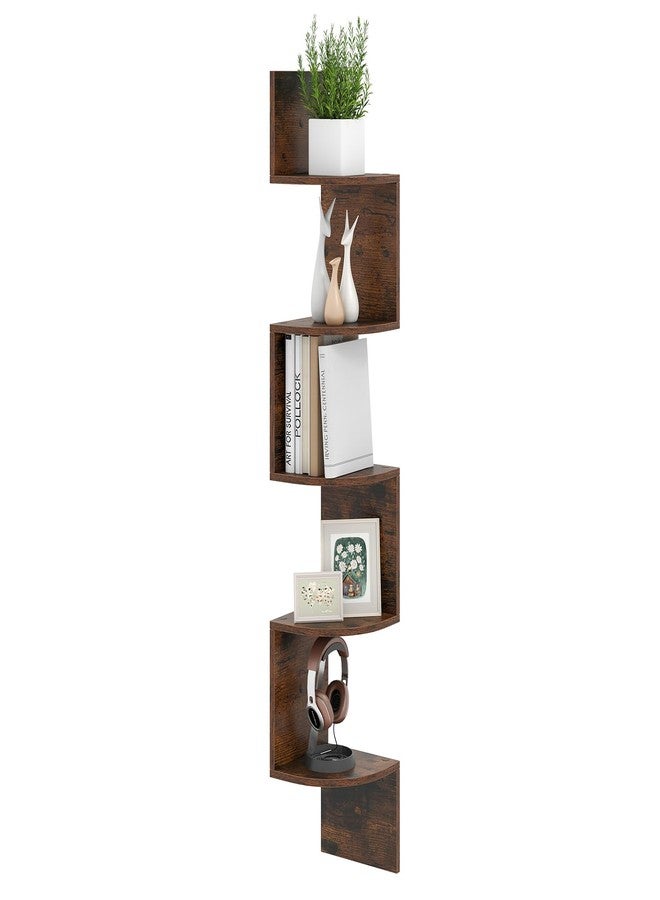 Giantex Corner Shelf Wall Mounted, 5-Tier Floating Corner Bookshelf, Home Storage Organizer, Wooden Display Stand Rack for Wall, Plant Shelf for Living Room, Bedroom, Kitchen (1,Rustic Brown) - Image 1