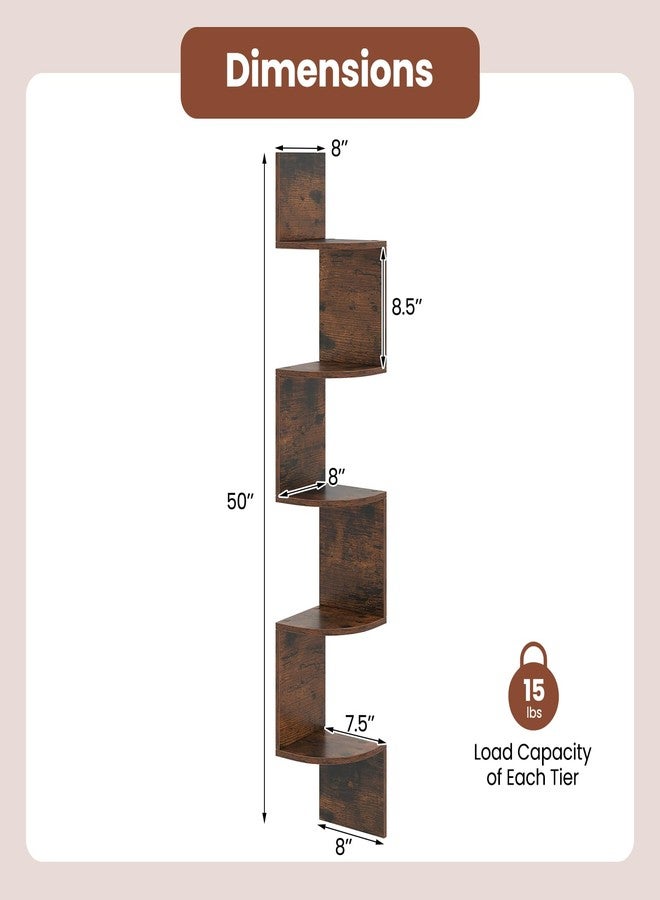 Giantex Corner Shelf Wall Mounted, 5-Tier Floating Corner Bookshelf, Home Storage Organizer, Wooden Display Stand Rack for Wall, Plant Shelf for Living Room, Bedroom, Kitchen (1,Rustic Brown) - Image 5