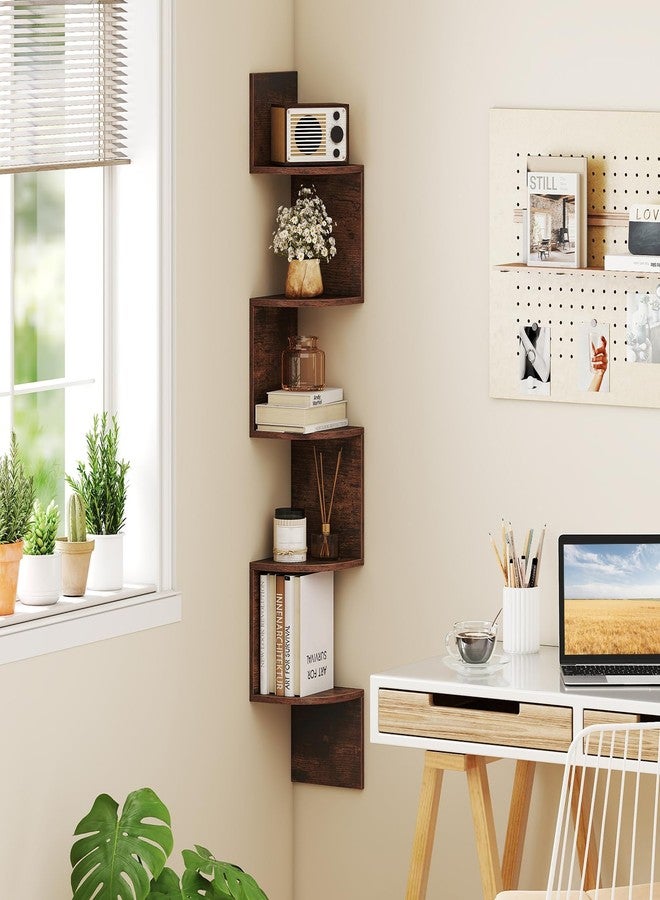 Giantex Corner Shelf Wall Mounted, 5-Tier Floating Corner Bookshelf, Home Storage Organizer, Wooden Display Stand Rack for Wall, Plant Shelf for Living Room, Bedroom, Kitchen (1,Rustic Brown) - Image 3