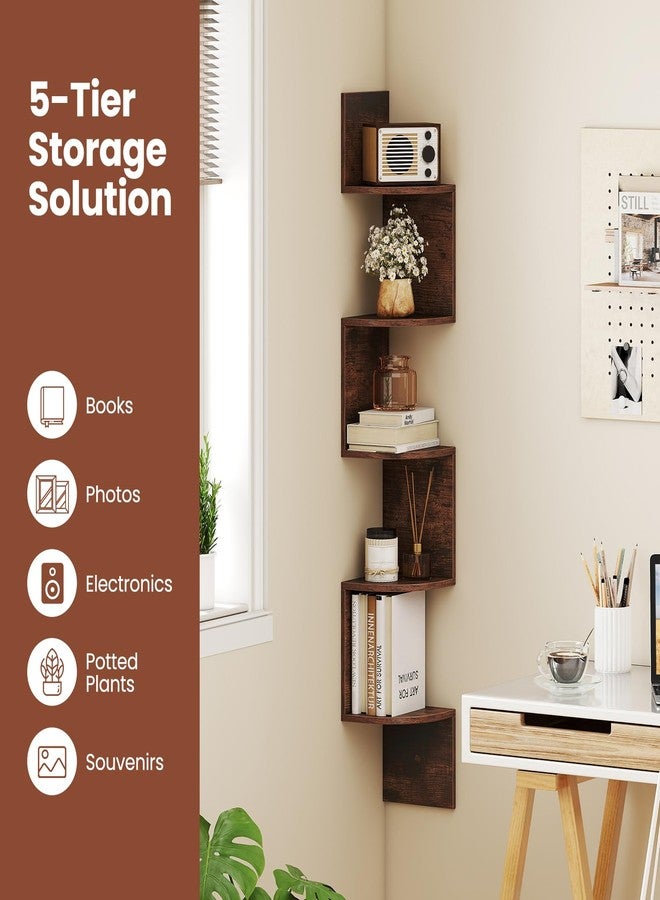 Giantex Corner Shelf Wall Mounted, 5-Tier Floating Corner Bookshelf, Home Storage Organizer, Wooden Display Stand Rack for Wall, Plant Shelf for Living Room, Bedroom, Kitchen (1,Rustic Brown) - Image 4