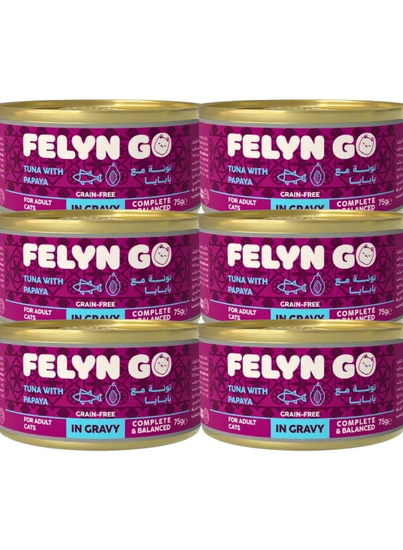 Felyn GO Cat Wet Food Tuna With Papaya In Gravy For Adult Cats- 6x75g - Grain-Free Cat Food - Image 1