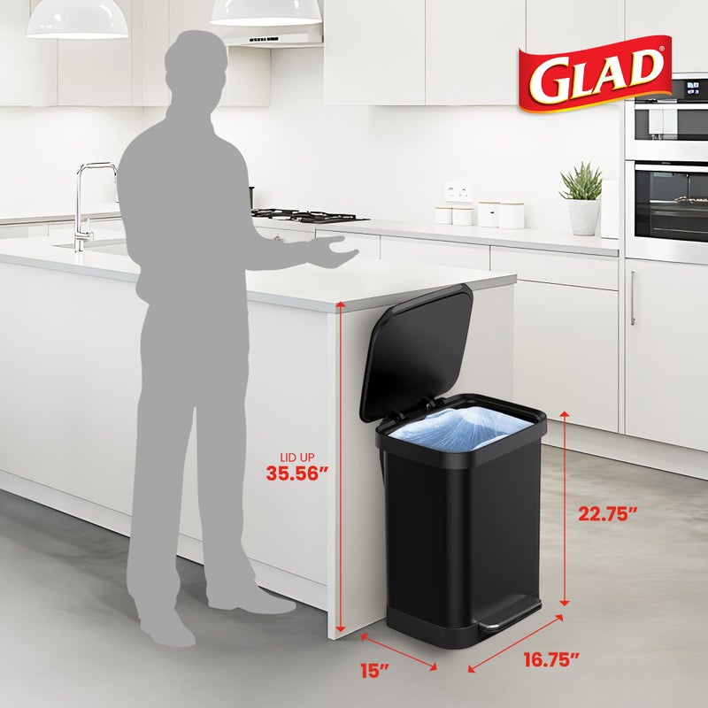 Glad Stainless Steel Step Trash Can, Series 2 with Clorox Protection - Large Black Kitchen Garbage Bin with Soft Close Lid, Foot Pedal and Waste Bag Roll Holder, 13 Gallon - Image 2