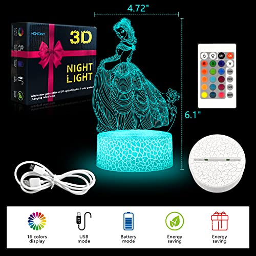 i-CHONY Princess Gift Night Light for Girls, 3D Illusion Lamp with Remote & Smart Touch, 16 Colors Dimmable Bedroom Decorations, Kids Teens Birthday Gift - Image 5