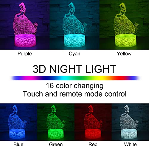 i-CHONY Princess Gift Night Light for Girls, 3D Illusion Lamp with Remote & Smart Touch, 16 Colors Dimmable Bedroom Decorations, Kids Teens Birthday Gift - Image 2