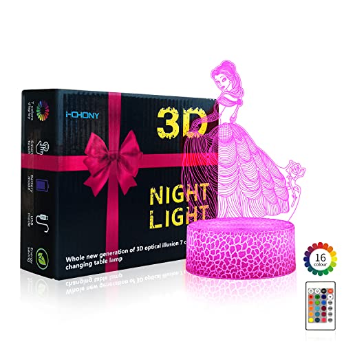 i-CHONY Princess Gift Night Light for Girls, 3D Illusion Lamp with Remote & Smart Touch, 16 Colors Dimmable Bedroom Decorations, Kids Teens Birthday Gift - Image 3
