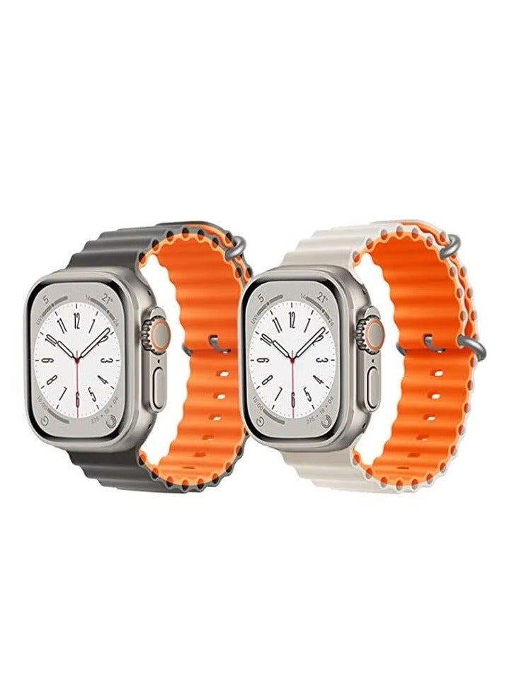 vesus Silicone Ocean Band Strap for Apple Watch Ultra 8 49mm Gray/Orange Double Side Strap with White/Orange Double Side Strap Set of 2