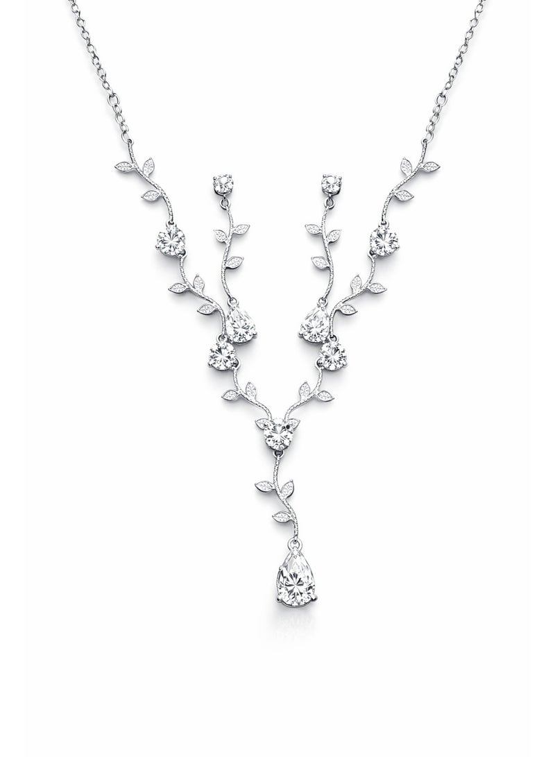 ثري دايموندز طقم سلسلة وحلق مطلي بلاتين وروديوم بفصوص كيوبيك زركونيا - Image 4