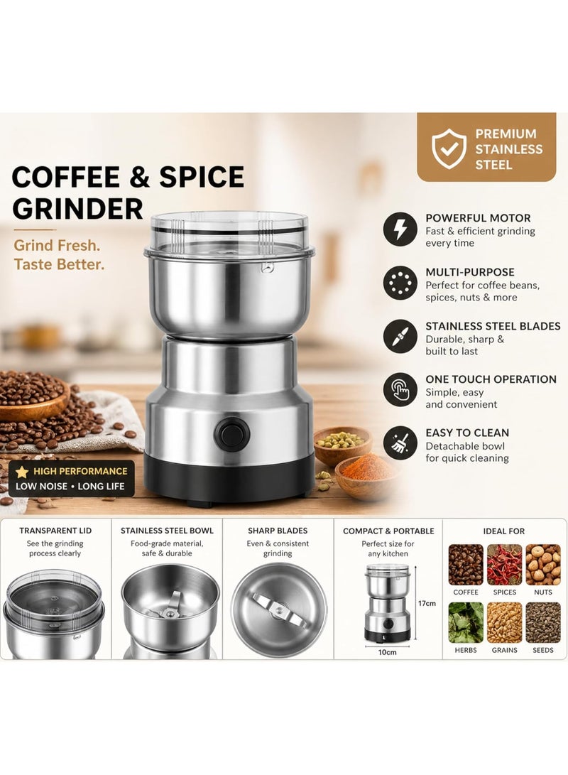 Electric Coffee Grinder 150–300W – Silver Spice Grinder with One-Button Operation for Coffee Beans, Herbs & Spices - Image 2