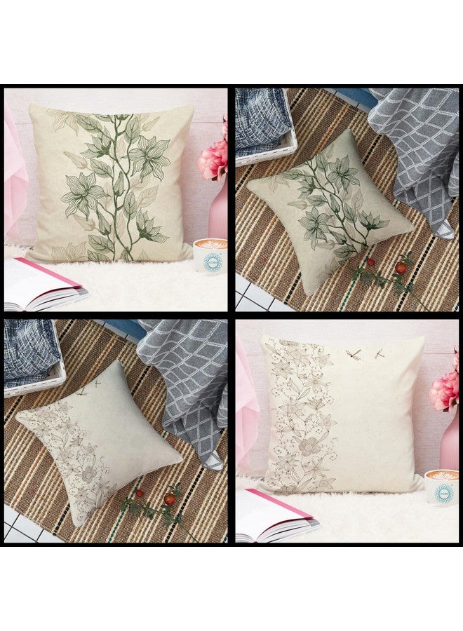 STITCHNEST Set of 5 Polycotton Cushion Covers - 16x16 Inches - Beige & Olive Botanical Line Art Print - Elegant Floral Throw Pillow Covers for Sofa & Living Room Decor - Image 2