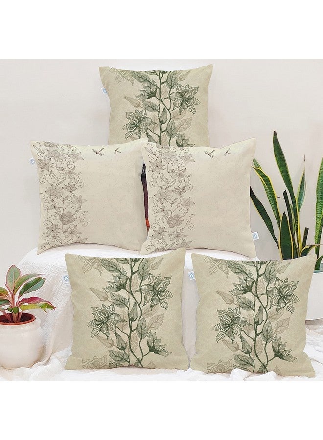 STITCHNEST Set of 5 Polycotton Cushion Covers - 16x16 Inches - Beige & Olive Botanical Line Art Print - Elegant Floral Throw Pillow Covers for Sofa & Living Room Decor - Image 1