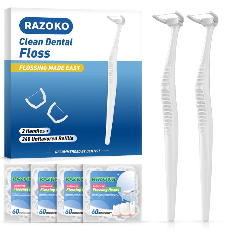 RAZOKO Dental Floss Picks, Clean Dental Flossers Kit with 2 Handle and 240 Extra Strength Refills - Image 1
