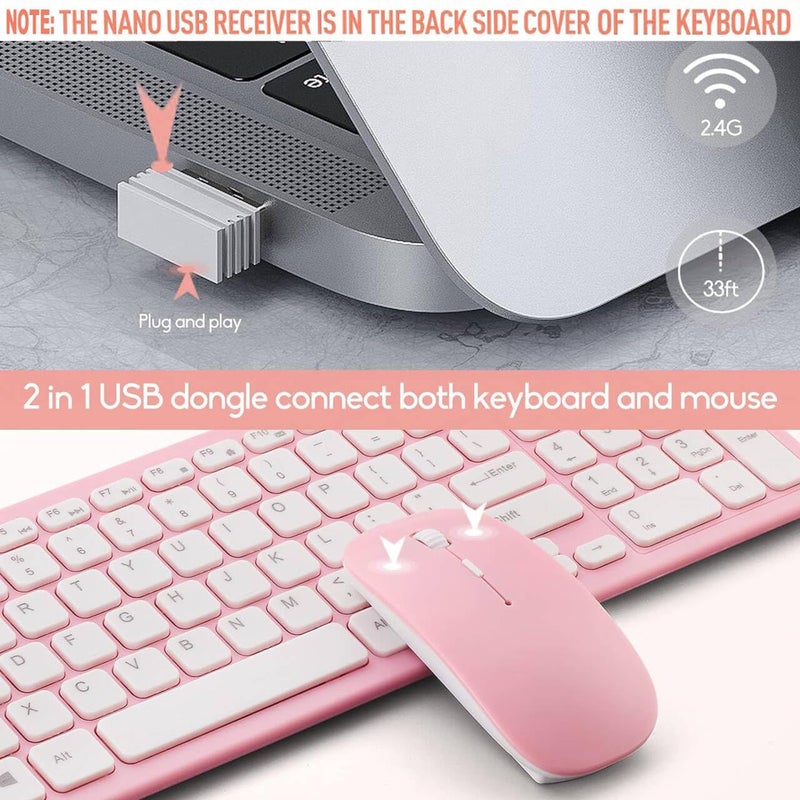 Guiheng Wireless Keyboard and Mouse Combo, Compact Quiet Wireless Keyboard and Mouse Set 2.4G Ultra-Thin Sleek Design for Windows, Computer, Desktop, PC, Notebook, Laptop (Pink) - Image 3