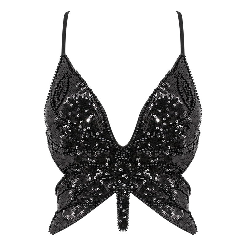 Mocure Women's Sparkly Butterfly Sequin Crop Top - Sleeveless, Sexy, Trendy Halter for Belly Dance & Rave Outfits - Image 1