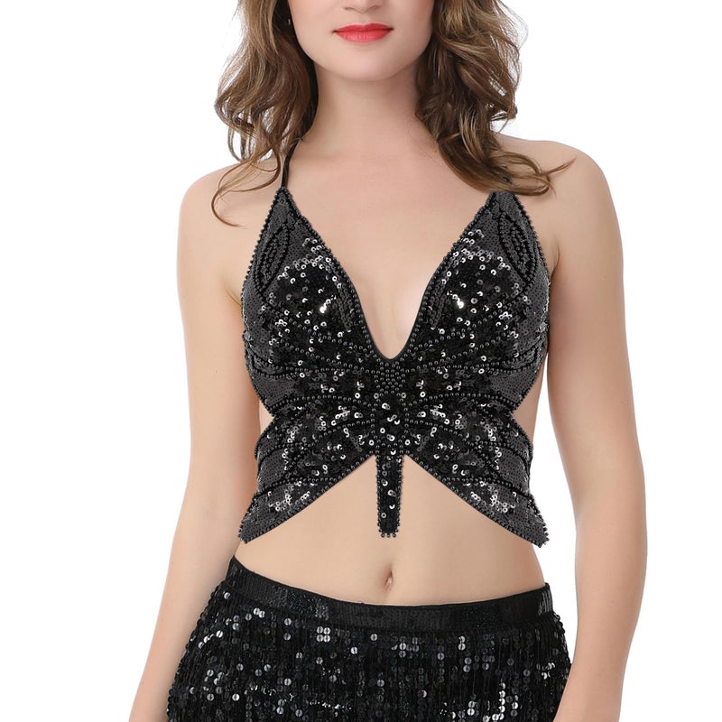 Mocure Women's Sparkly Butterfly Sequin Crop Top - Sleeveless, Sexy, Trendy Halter for Belly Dance & Rave Outfits - Image 2