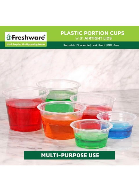 Freshware Plastic Portion Cups with Lids [5.5 Ounce, 200 Sets] Souffle Cups, Jello Shot Cups, Condiment Sauce Containers For Sampling, Sauce, Snack or Dressing