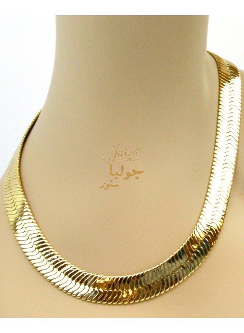 Julia Store 24K Gold Plated Stainless Steel Trendy Dainty 9mm Snake Fashion Shiny Imperial Herringbone Chain Flat Snake Chain Necklace For Women And Men - Image 1