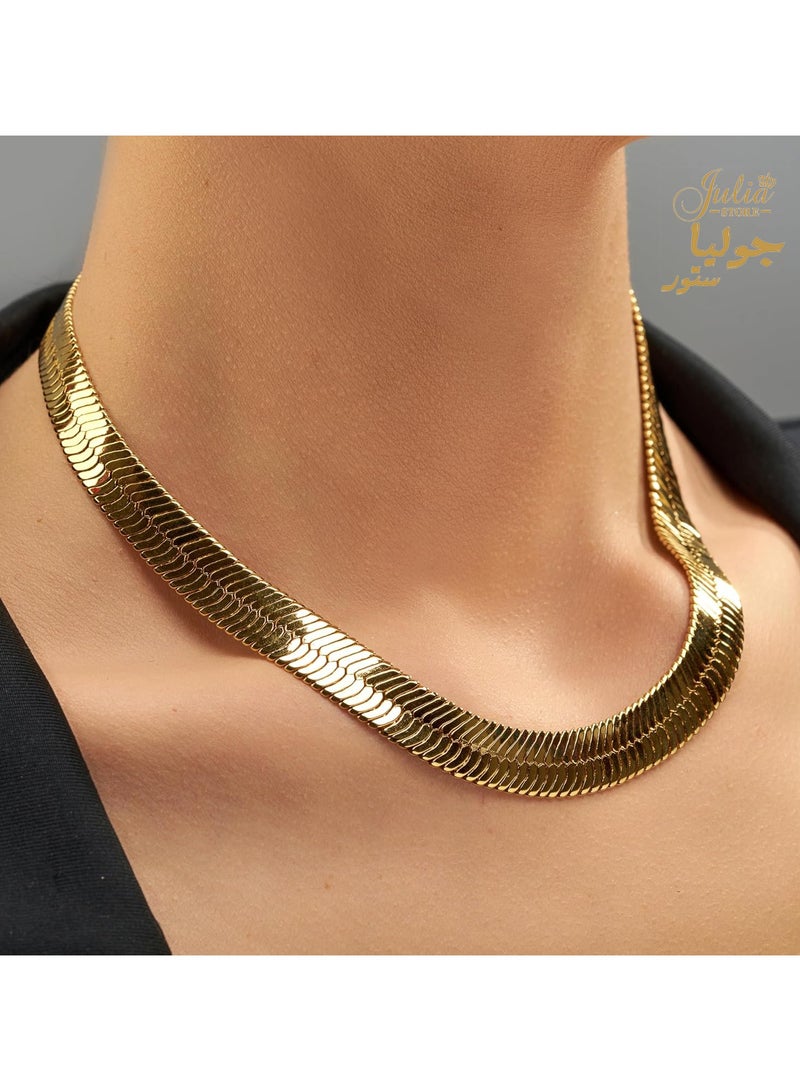 Julia Store 24K Gold Plated Stainless Steel Trendy Dainty 9mm Snake Fashion Shiny Imperial Herringbone Chain Flat Snake Chain Necklace For Women And Men - Image 2