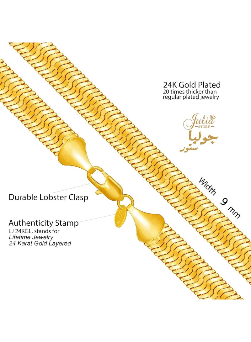 Julia Store 24K Gold Plated Stainless Steel Trendy Dainty 9mm Snake Fashion Shiny Imperial Herringbone Chain Flat Snake Chain Necklace For Women And Men - Image 5