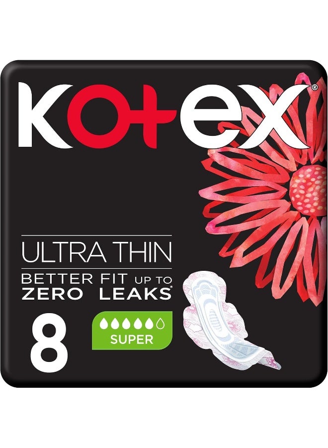 Kotex Ultra Thin Pads, Super Size Sanitary Pads With Wings, 8 Sanitary Pads - Image 1